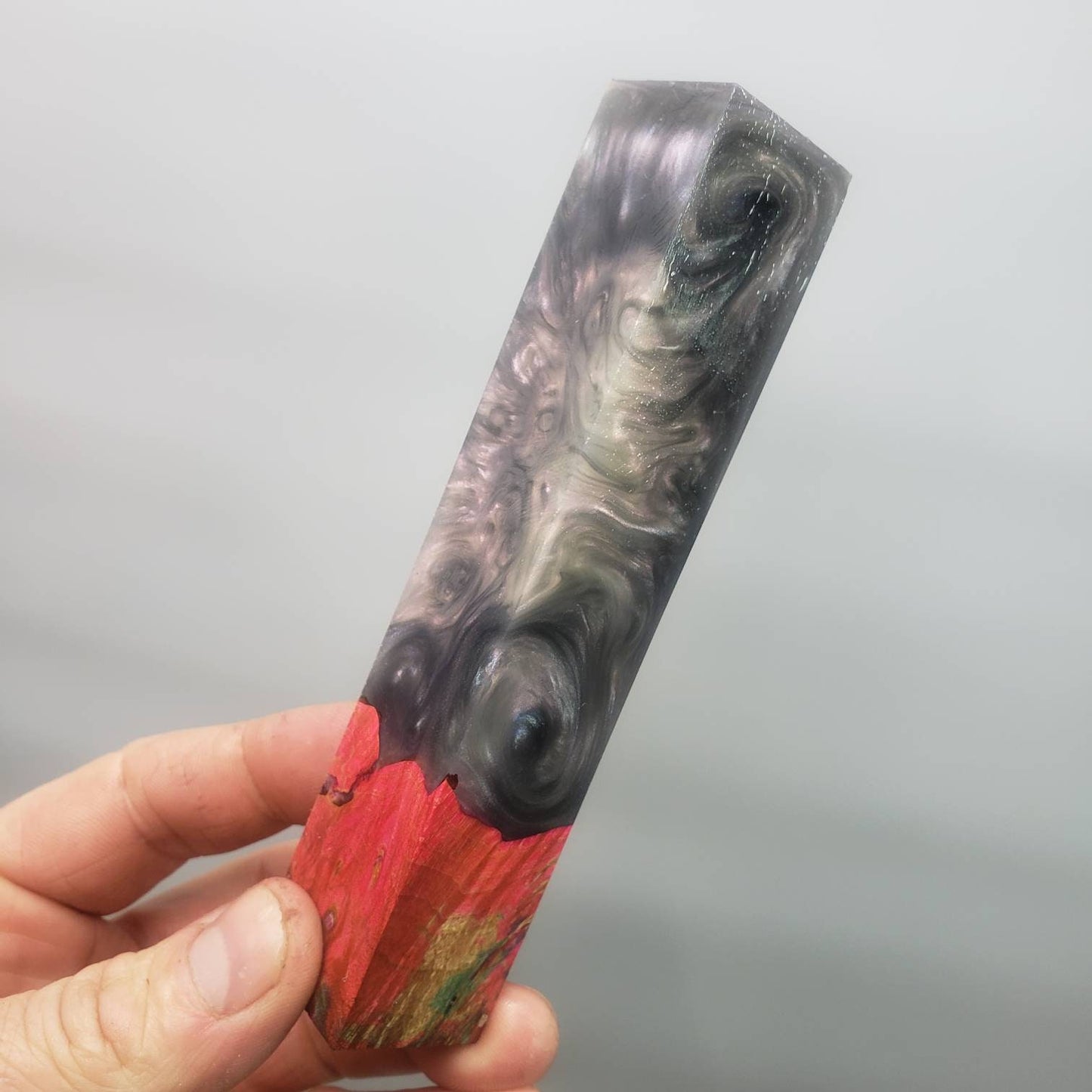 Dye stabilized maple burl hybrid pen blank.