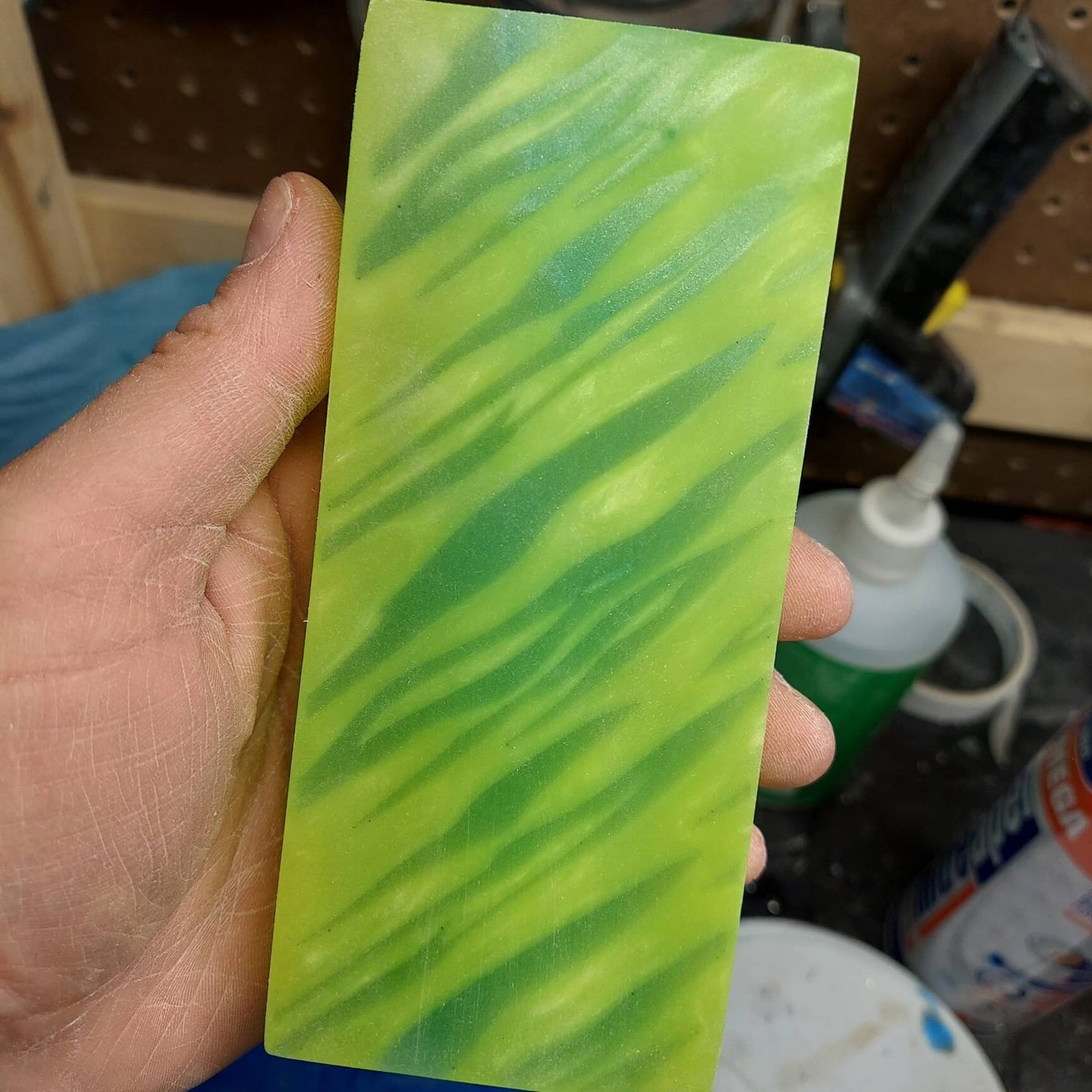 Alumilite resin Glow tiger stripe knife block. Hybrid knife handle material.